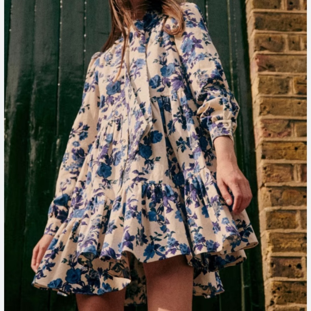 Sezane Rare Soledad Floral Mini Dress Blue Cream FR 36 - Picture 2 of 16